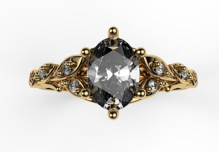 Visualización 3D de anillo con piedra oval y banda orgánica de hojas, vista frontal