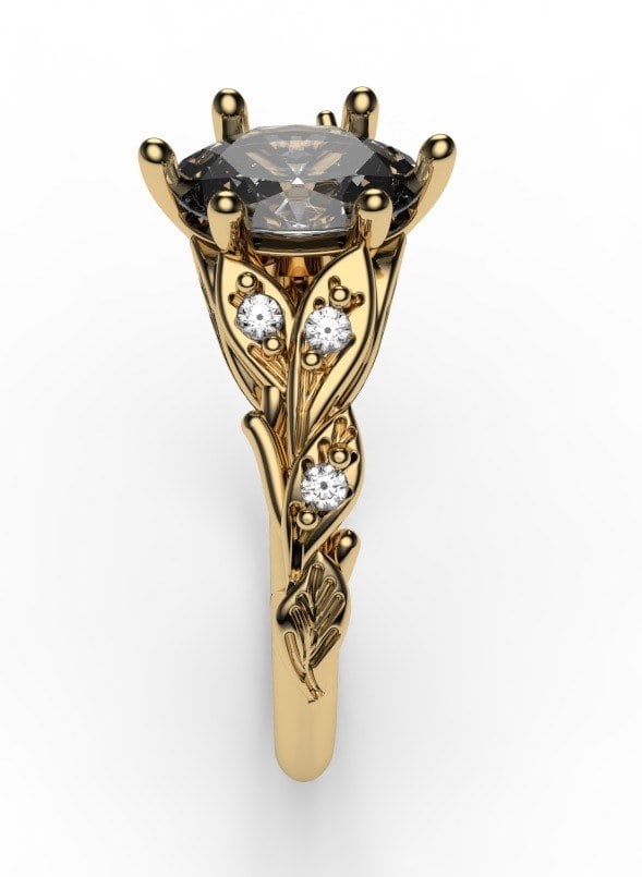 Visualización 3D de anillo con piedra oval y banda orgánica de hojas, detalle lateral