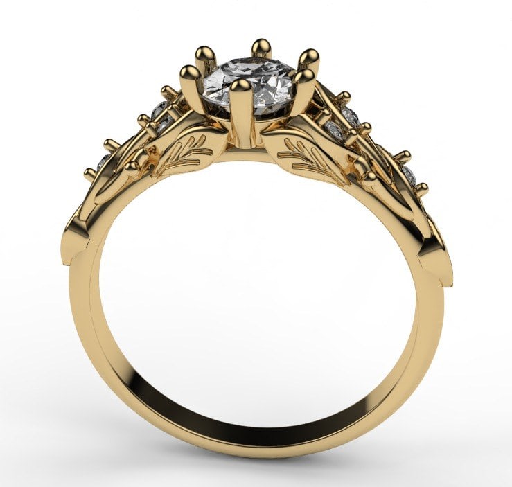 Visualización 3D de anillo con piedra oval y banda orgánica de hojas, perfil